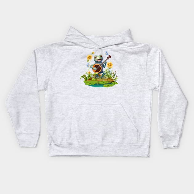 Vintage Banjo Frog Singing Kids Hoodie by Green Gecko Creative